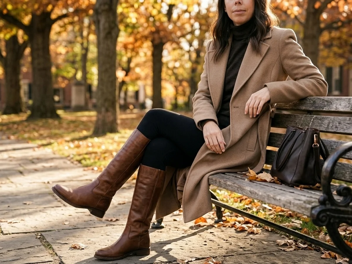 Dressed Up Black Legging Outfits - black leggings with brown boots