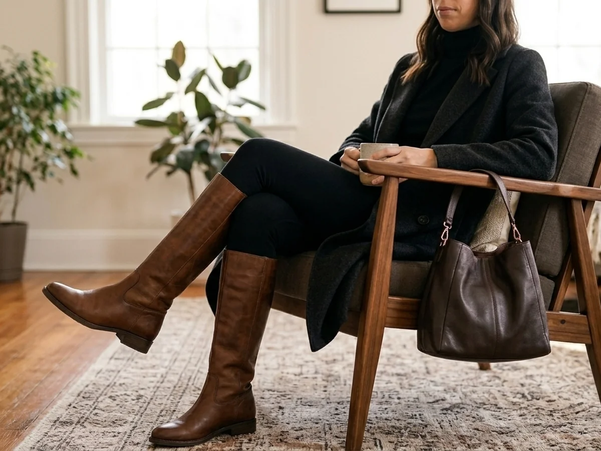 Using Accessories to Bridge Black and Brown Tones - black leggings with brown boots